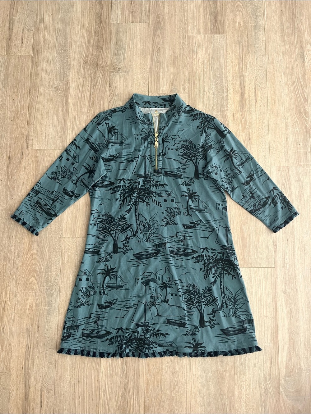 Spartina 449 Women’s Nora Half-Zip Fringe Dress Clara Seascape Bluestone - XL